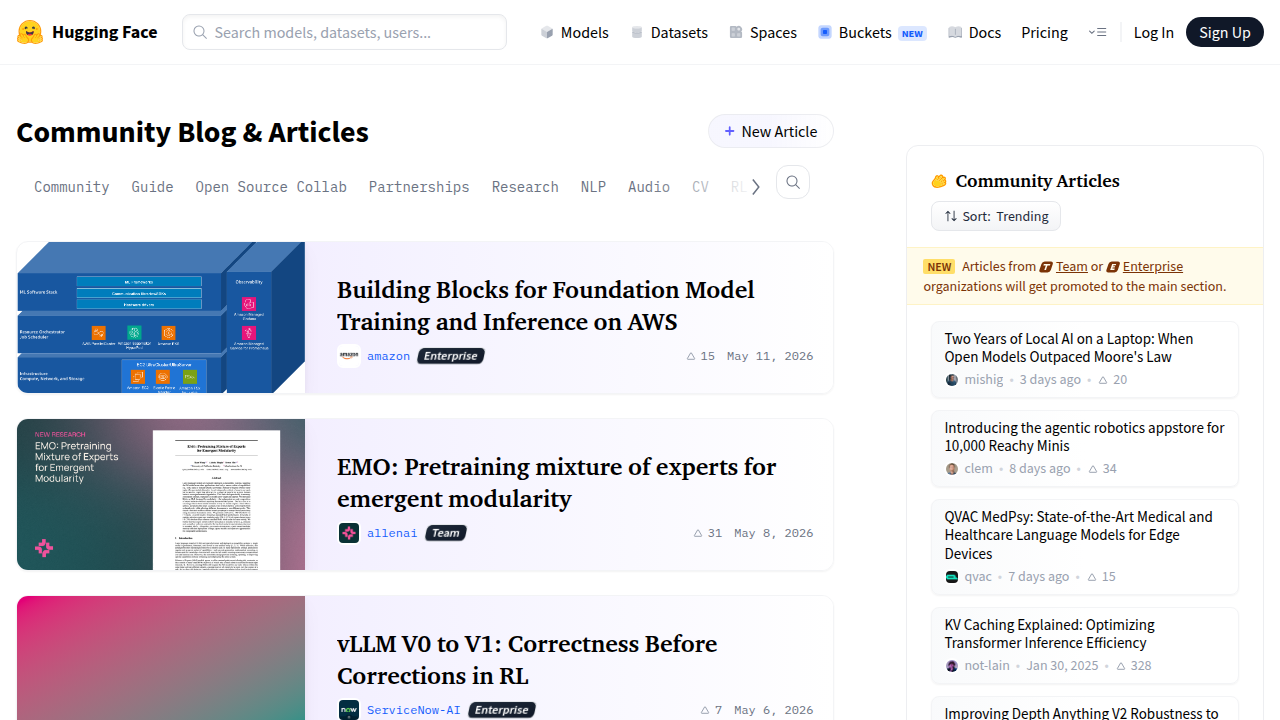 A screenshot of the Hugging Face Blog, an important resource for updates on open-source AI models, research, and community developments, as identified by the article.