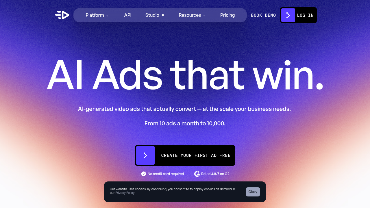 A screenshot of the Creatify AI homepage, highlighting its capabilities in transforming text into visual sequences for filmmaking.