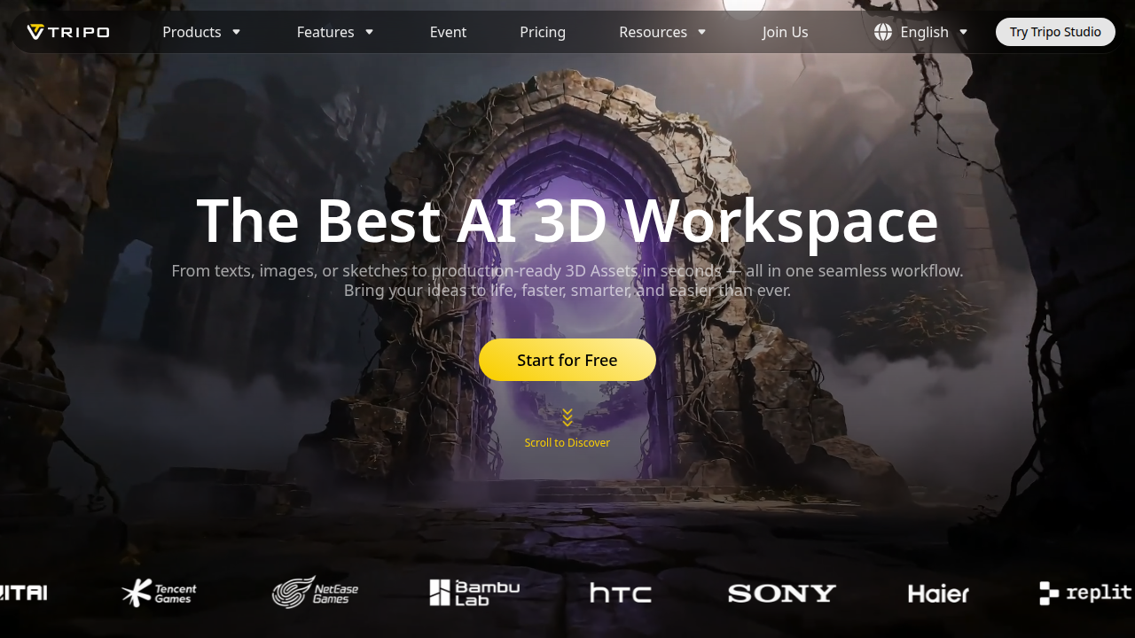 A screenshot of the Tripo 3D homepage, a platform enabling the generation of 3D assets directly from text prompts for film production.