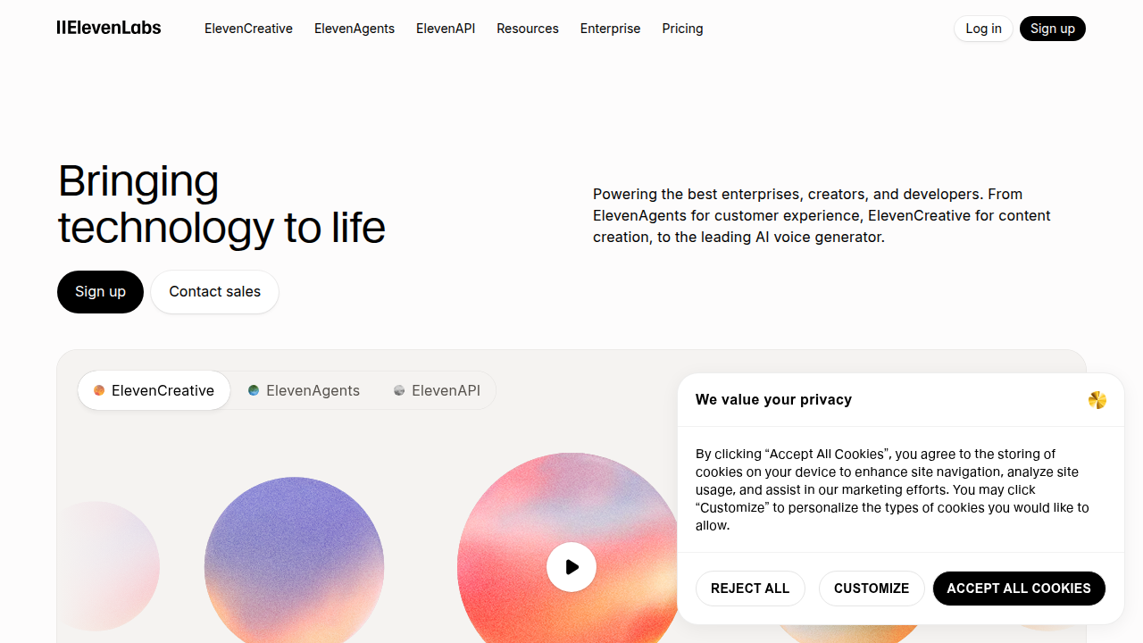 A screenshot of the ElevenLabs AI homepage, showcasing the platform's capabilities in creating natural-sounding voiceovers for film projects.