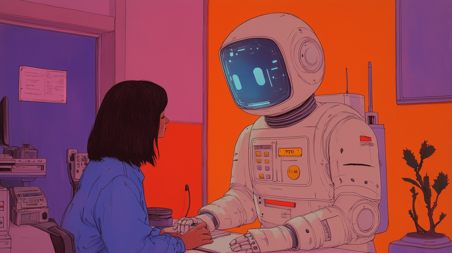 A human hand reaching out to an advanced AI interface, representing AI's role as a character and plot driver in sci-fi.