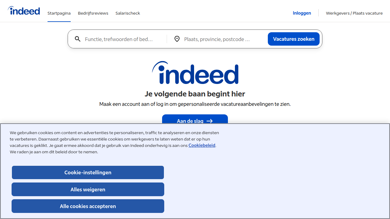The homepage of Indeed, a prominent career platform that often features articles on technical terms and career development.
