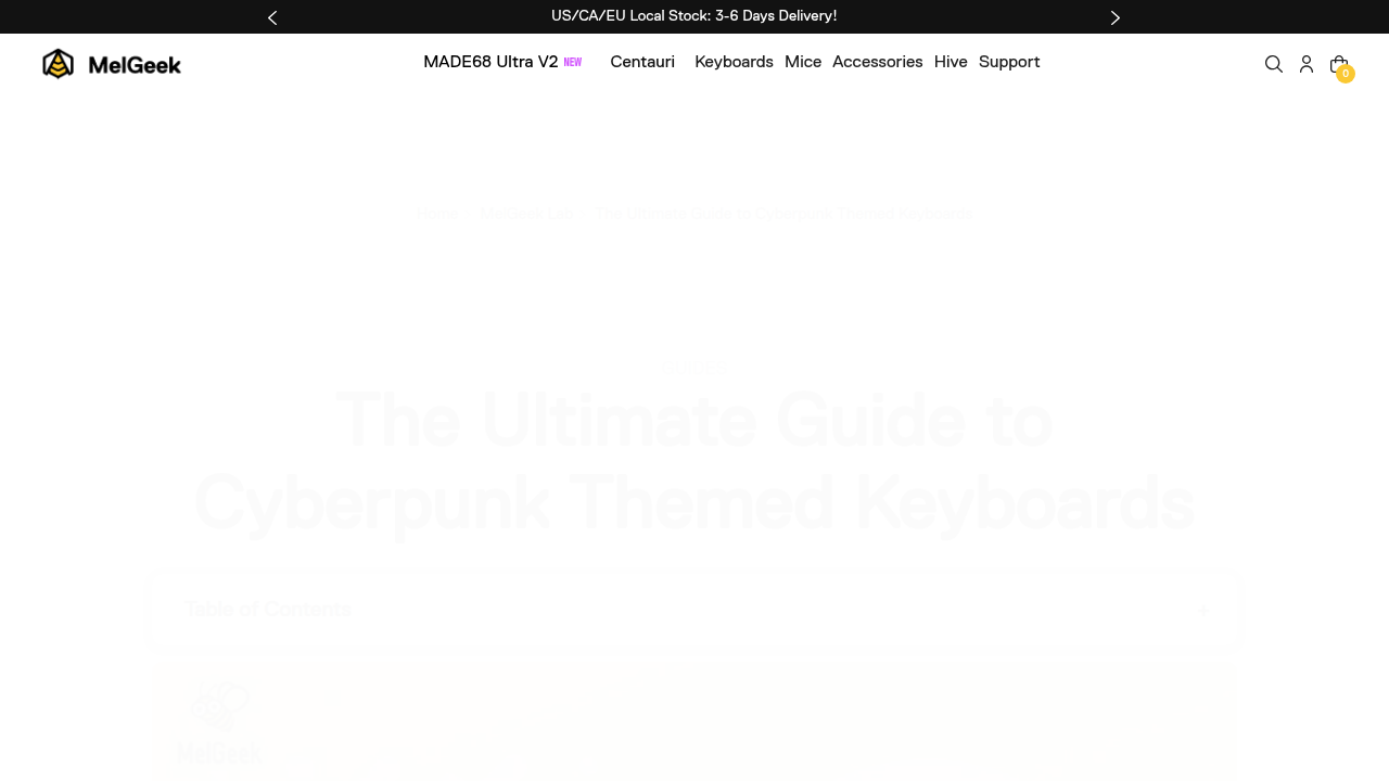 Screenshot of the MelGeek blog featuring their guide to cyberpunk-themed mechanical keyboards, showcasing various sci-fi keycap sets and customization options.