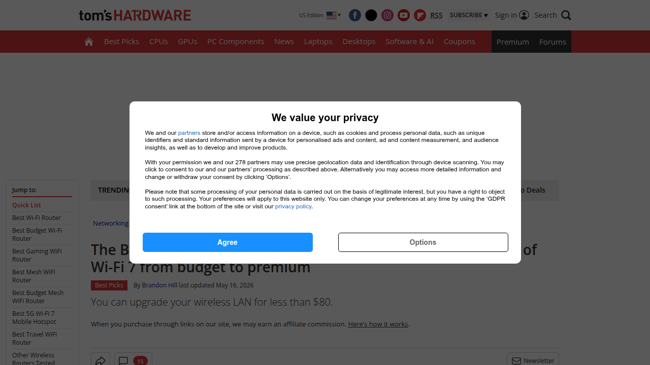 Screenshot of Tom's Hardware review page for best Wi-Fi routers, highlighting top-performing mesh Wi-Fi 7 systems like the Asus ZenWiFi BQ16 Pro.