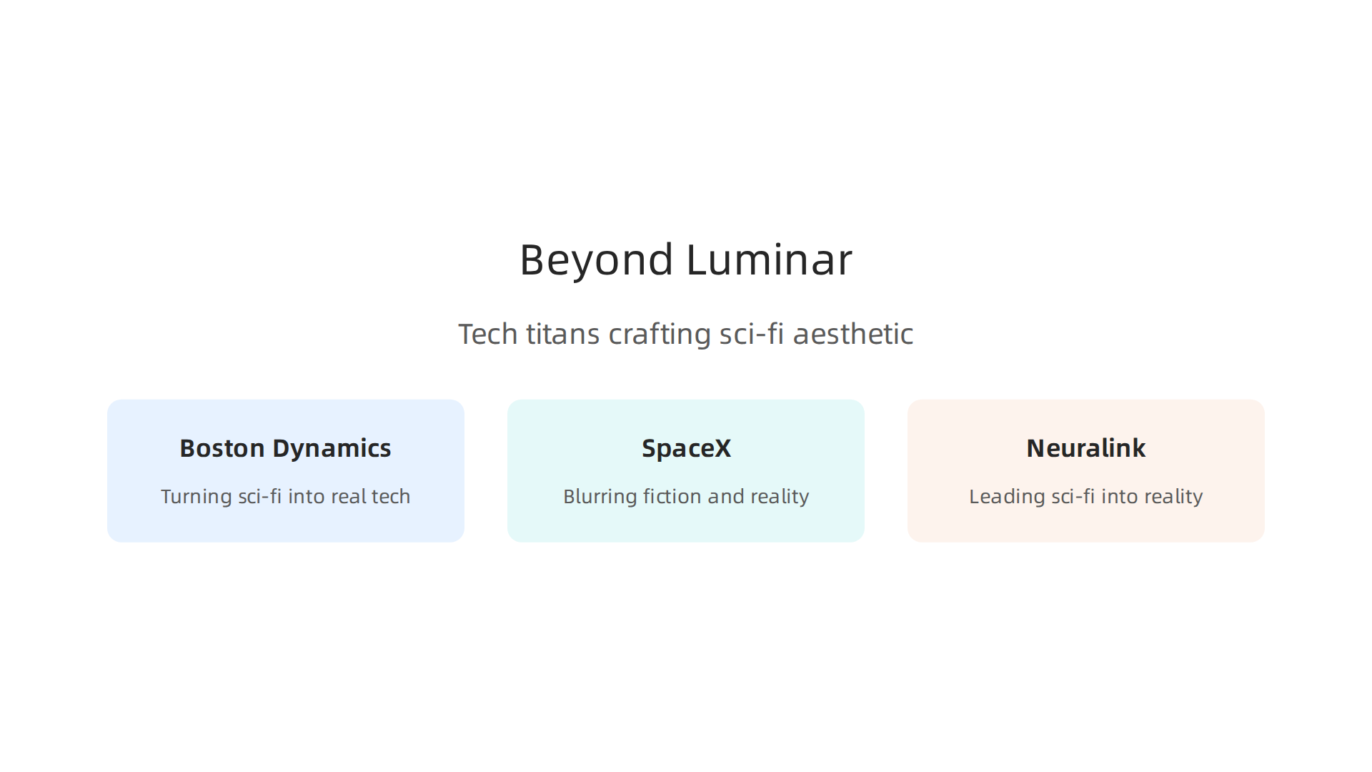 An infographic highlighting Boston Dynamics, SpaceX, and Neuralink as leading companies turning sci-fi concepts into real-world technologies.