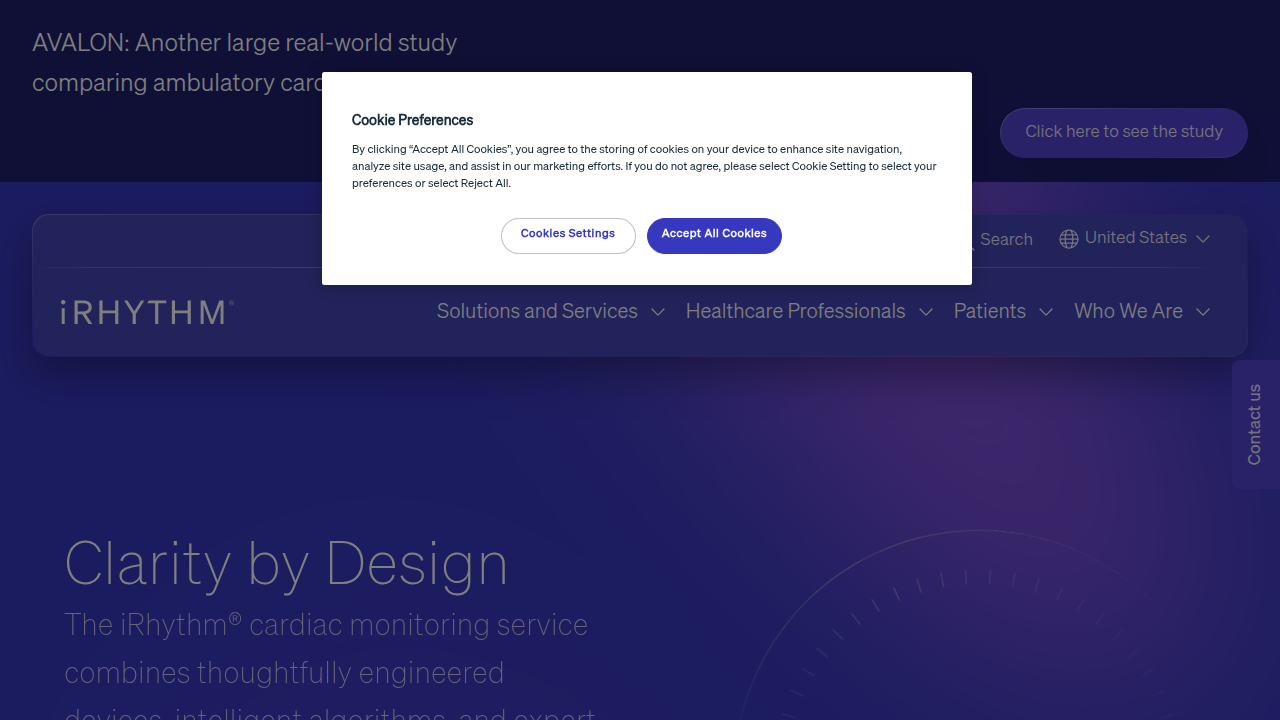 iRhythm Technologies website, showcasing their innovative AI-powered solutions for heart health monitoring.