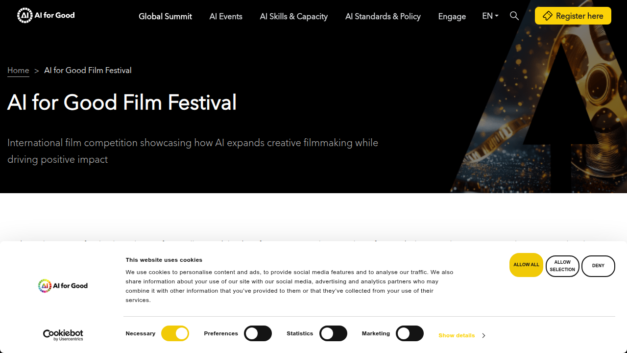 Screenshot of the official AI for Good Film Festival website, an international event promoting positive AI applications in creative filmmaking.