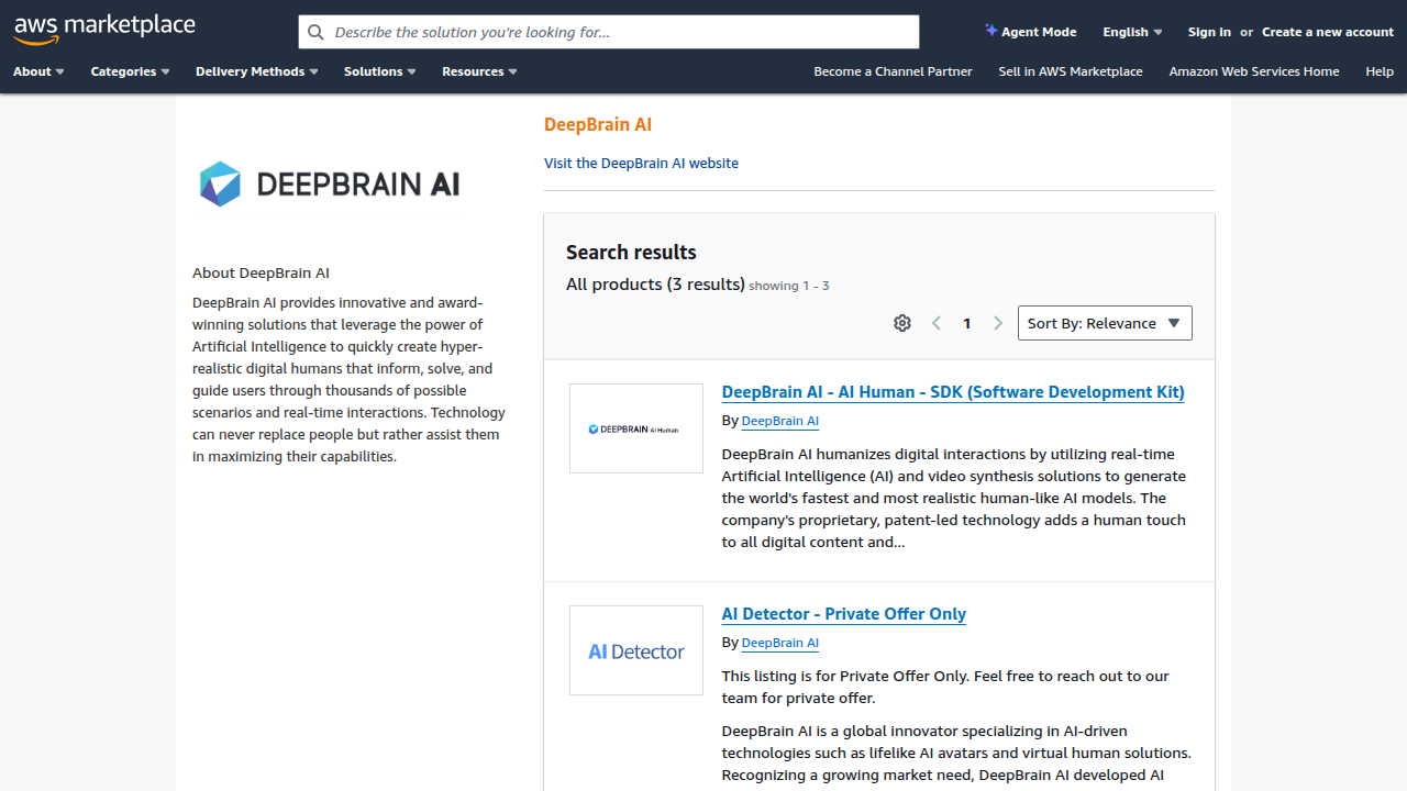 Explore DeepBrain AI's solutions, offering lifelike digital humans for virtual assistants and interactive experiences, as seen on AWS Marketplace.