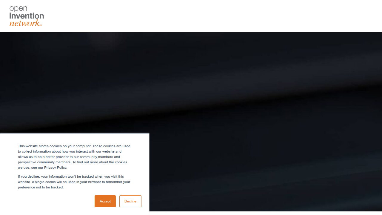 A look at the Open Invention Network's homepage, showcasing a patent defense community focused on collaboration.