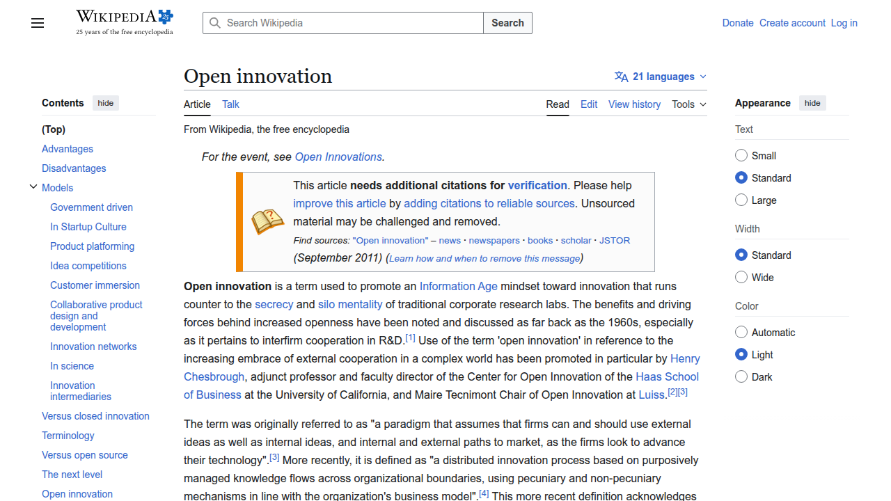 The Wikipedia page defining 'Open Innovation' and its core principles.