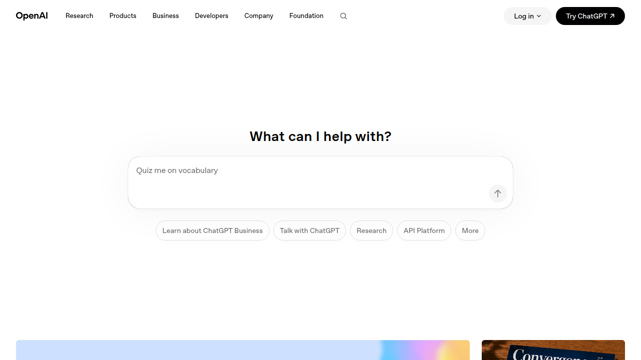 Screenshot of the OpenAI homepage, showcasing their latest AI developments and research.