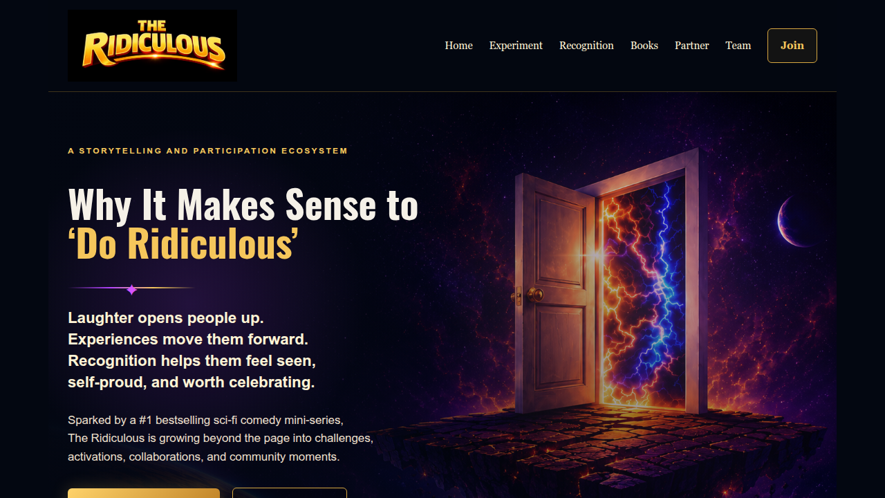 The Doridiculous website, showcasing a sci-fi comedy series that pushes boundaries in immersive storytelling.