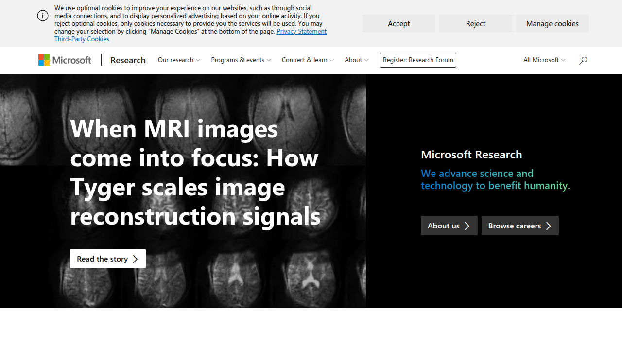 The Microsoft Research homepage, home to innovations like Storycaster, which explores immersive room-based storytelling.