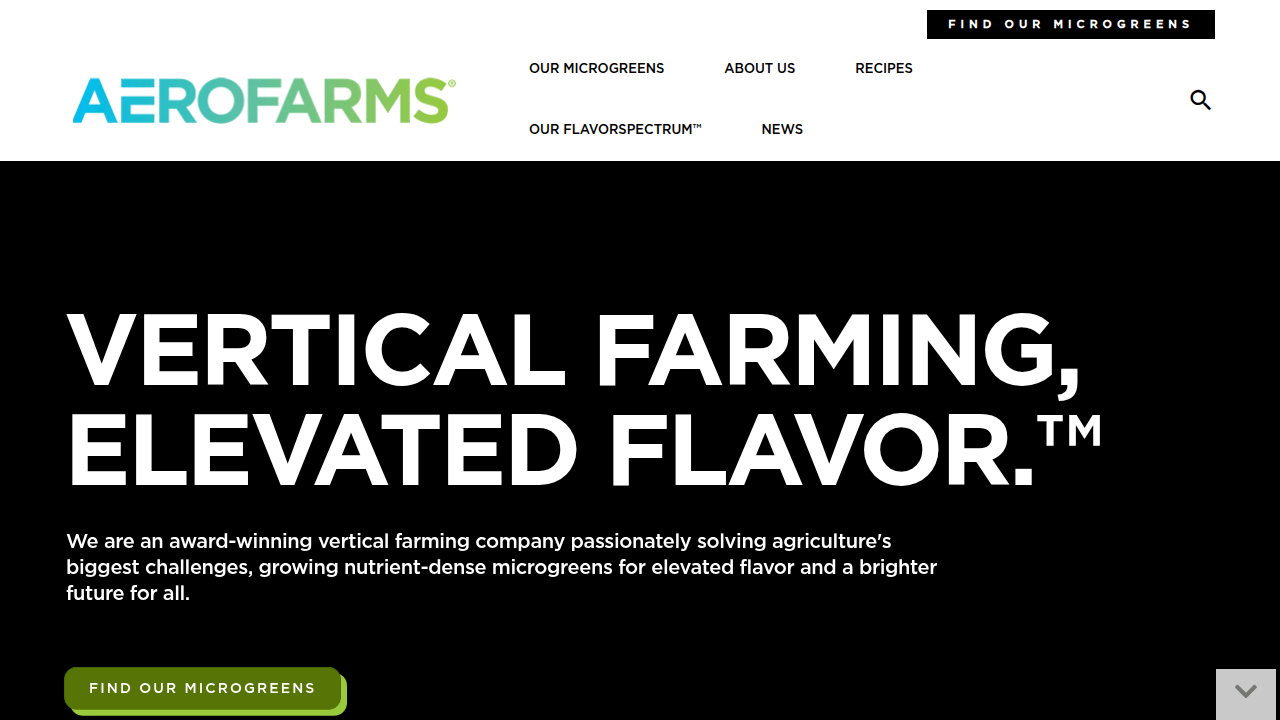 The Aerofarms website, showcasing their advanced vertical farming operations and sustainable produce.