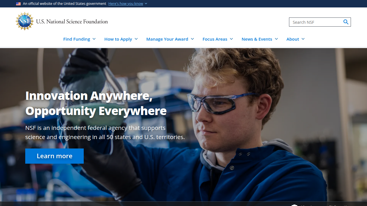 A screenshot of the National Science Foundation website, highlighting its focus on scientific impact.