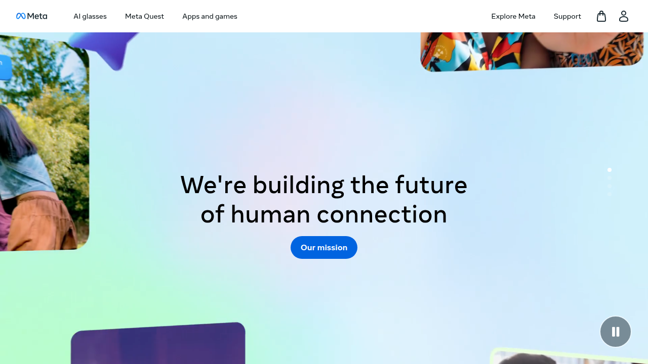The corporate homepage for Meta Platforms, showcasing their focus on new technologies including AI.