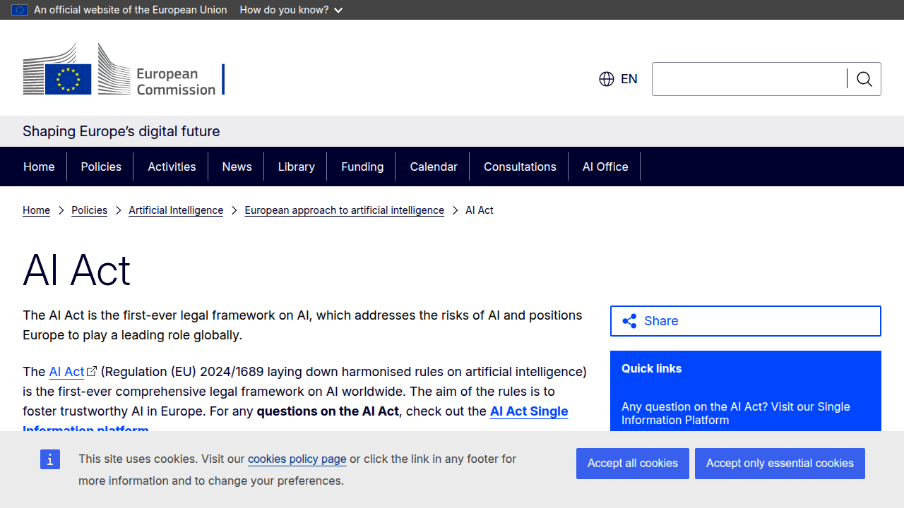 The European Union's AI Act page, detailing regulatory frameworks for trustworthy artificial intelligence.