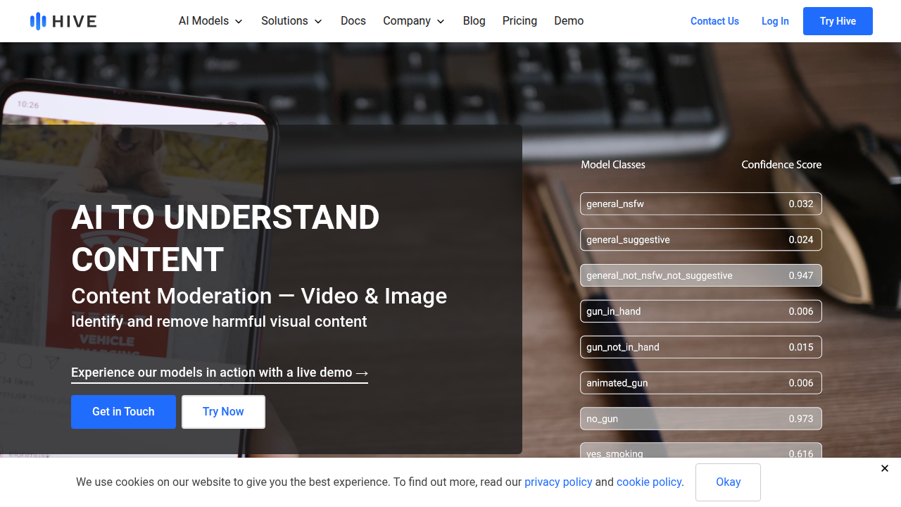 The homepage of Hive AI, a leading company building advanced AI tools for content understanding and creation.
