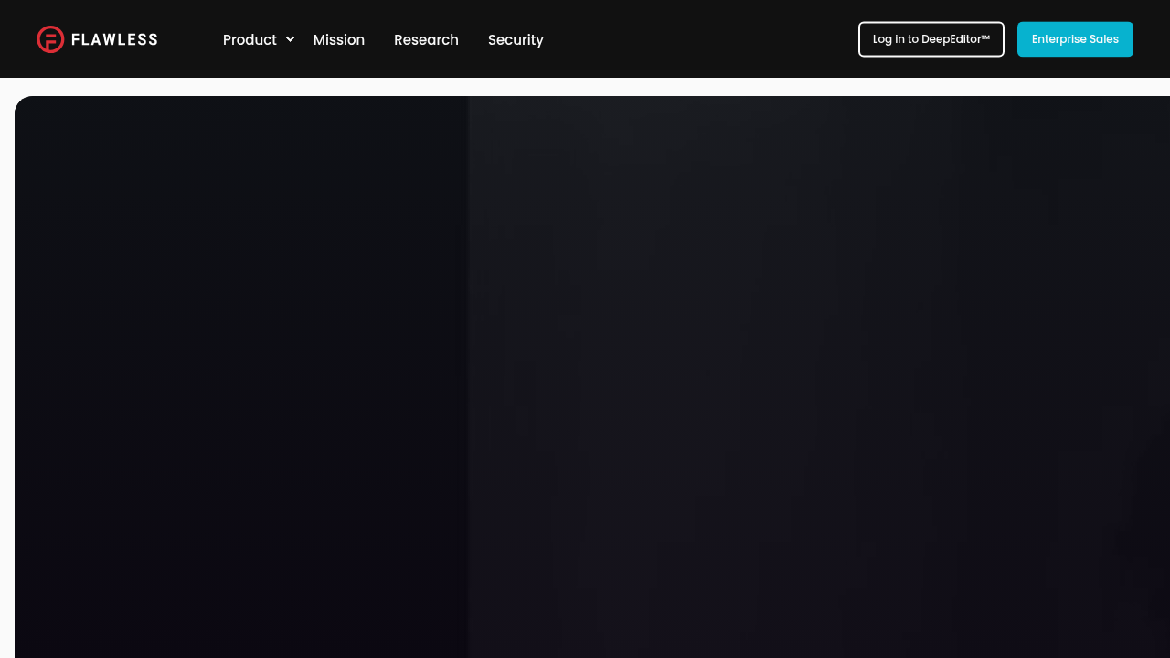 The homepage of Flawless AI, showcasing their pioneering assistive AI tools for film and TV production.