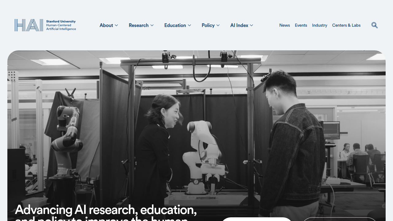 The homepage of the Stanford Institute for Human-Centered Artificial Intelligence (HAI), known for its comprehensive AI Index Report.
